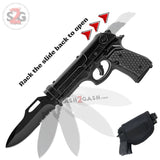 Pistol Knives Gun-Shaped Spring Assisted Knife Black Grips Holster Sheath Cock Back Slide