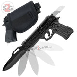 Pistol Knives Gun-Shaped Spring Assisted Knife Black Grips Holster Sheath Cock Back Slide