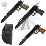 Pistol Knives Gun-Shaped Spring Assisted Knife Black w/ Brown Grips Holster Sheath Cock Back Slide