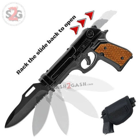 Gun-Shaped Spring Assisted Knife Black Pistol w/ Brown Grips Holster Sheath Cock Back Slide