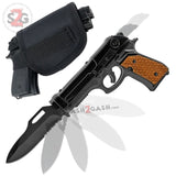 Gun-Shaped Spring Assisted Knife Black Pistol w/ Brown Grips Holster Sheath Cock Back Slide