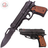 Gun-Shaped Spring Assisted Knife Black Pistol w/ Brown Grips Holster Sheath Cock Back Slide