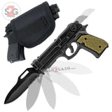 Pistol Knives Gun-Shaped Spring Assisted Knife Black w/ Tan Grips Holster Sheath Cock Back Slide