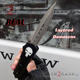 Punisher Skull OTF Knife Black D/A Switchblade - REAL Layered Damascus Double Edge Dagger - Delta Force Automatic Knives