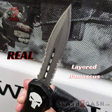 Punisher Skull OTF Knife Black D/A Switchblade - REAL Layered Damascus Spear Point Serrated - Delta Force Automatic Knives