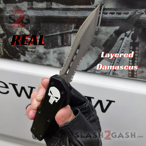 Punisher Skull OTF Knife REAL Damascus Delta Force Automatic D/A Switchblade - Dagger Serrated