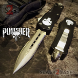 Punisher Skull OTF Knife Black D/A Switchblade - REAL Layered Damascus Dagger Serrated - Delta Force Automatic Knives