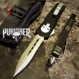 Punisher Skull OTF Knife Black D/A Switchblade - REAL Layered Damascus Dagger Serrated - Delta Force Automatic Knives