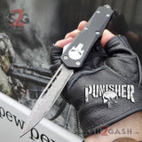 Punisher Skull OTF Knife Black D/A Switchblade - REAL Layered Damascus Single Edge Plain - Delta Force Automatic Knives