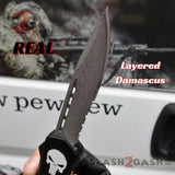 Punisher Skull OTF Knife Black D/A Switchblade - REAL Layered Damascus Drop Point Serrated - Delta Force Automatic Knives