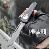 Punisher Skull OTF Knife Black D/A Switchblade - REAL Layered Damascus Single Edge Serrated - Delta Force Automatic Knives