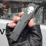 Punisher Skull OTF Knife REAL Damascus Delta Force Automatic D/A Switchblade - Tanto Serrated