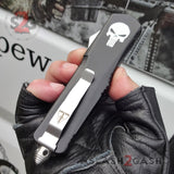 Punisher Skull OTF Knife REAL Damascus Delta Force Automatic D/A Switchblade - Drop Point Plain w/ Silver Hardware