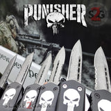 Punisher Skull OTF Knife Black D/A Switchblade - REAL Layered Damascus - Delta Force Automatic Knives Slash2Gash S2G