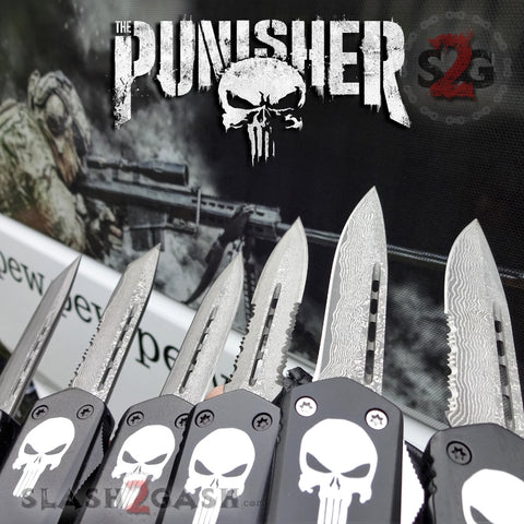 Punisher Skull OTF Knife Black D/A Switchblade - REAL Layered Damascus - Delta Force Automatic Knives Slash2Gash S2G