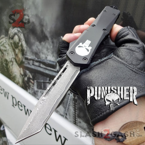 Punisher Skull OTF Knife REAL Damascus Delta Force Automatic D/A Switchblade - Tanto Plain