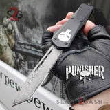 Punisher Skull OTF Knife Black D/A Switchblade - REAL Layered Damascus Tanto Serrated - Delta Force Automatic Knives