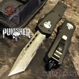Punisher Skull OTF Knife Black D/A Switchblade - REAL Layered Damascus Tanto Serrated - S2G Tactical Automatic Knives