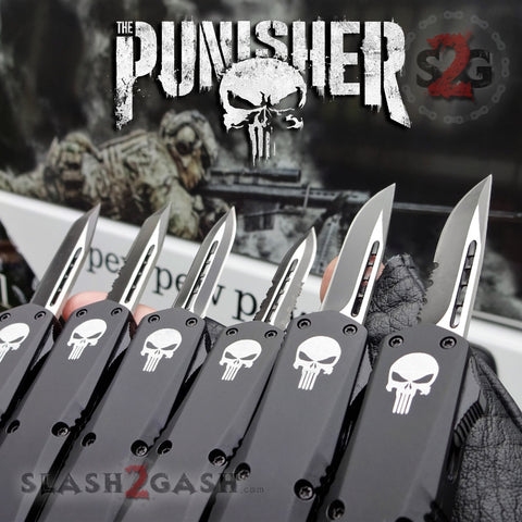 Punisher Skull OTF Knife Small 7" Delta Force Automatic Black Switchblade Knives - 6 Blades Slash2Gash S2G