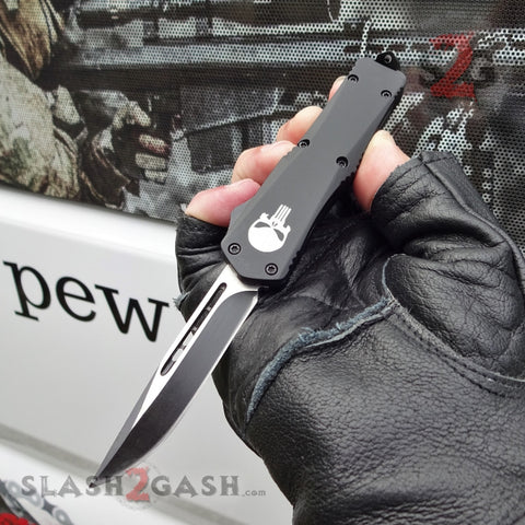 Punisher Skull OTF Knife Small 7" Delta Force Automatic Black Switchblade - Single Edge