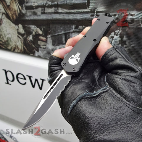 Punisher Skull OTF Knife Small 7" Delta Force Automatic Black Switchblade - Single Edge Serrated