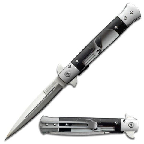 Punisher Skull Stiletto Spring Assisted Knife Silver & Black - 9" Tac-Force