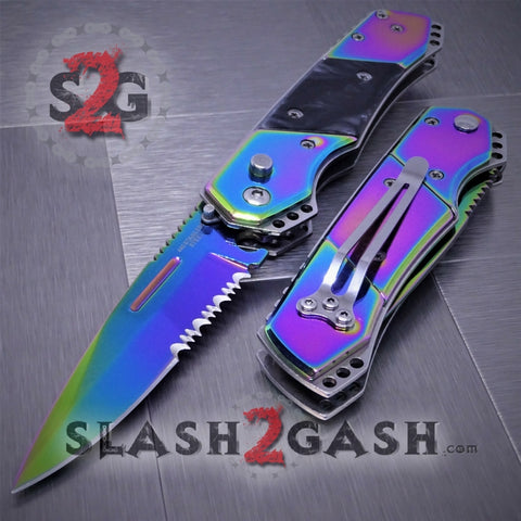 Gentleman's Titanium Rainbow Automatic Knife Serrated - Black Marble Pearl