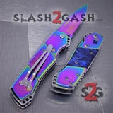 Gentleman's Titanium Rainbow Automatic Knife Serrated - Blue Marble Pearl