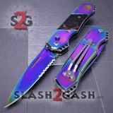 Gentleman's Titanium Rainbow Automatic Knife Serrated - Amber Brown Marble Pearl