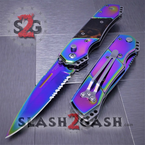 Gentleman's Titanium Rainbow Automatic Knife Serrated - Amber Brown Marble Pearl