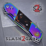 Gentleman's Titanium Rainbow Automatic Knife Serrated - Amber Brown Marble Pearl