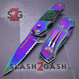 Gentleman's Titanium Rainbow Automatic Knife Serrated - Green Marble Pearl