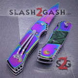 Gentleman's Titanium Rainbow Automatic Knife Serrated - Green Marble Pearl