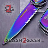 Gentleman's Titanium Rainbow Automatic Knife Serrated - Green Marble Pearl