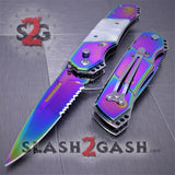 Gentleman's Titanium Rainbow Automatic Knife Serrated - White Marble Pearl