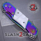 Gentleman's Titanium Rainbow Automatic Knife Serrated - 5 Colors White Marble