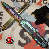Black Scarab D/A OTF Automatic Knife Titanium Rainbow 440C Damascus Abalone Handle S2G slash2gash