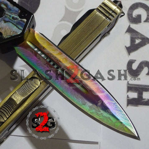 Black Scarab D/A OTF Automatic Knife Titanium Rainbow 440C Damascus Abalone Handle S2G slash2gash