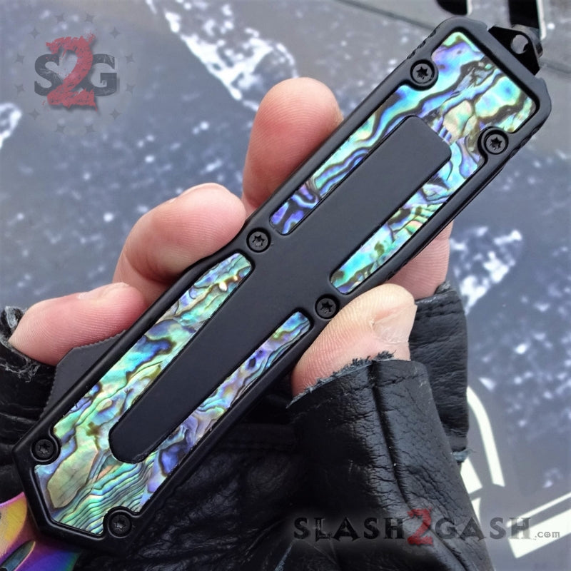 Blazoned Abalone DA-11② Black Scarab D/A OTF Knife Rainbow Damascus 440c w/ Abalone