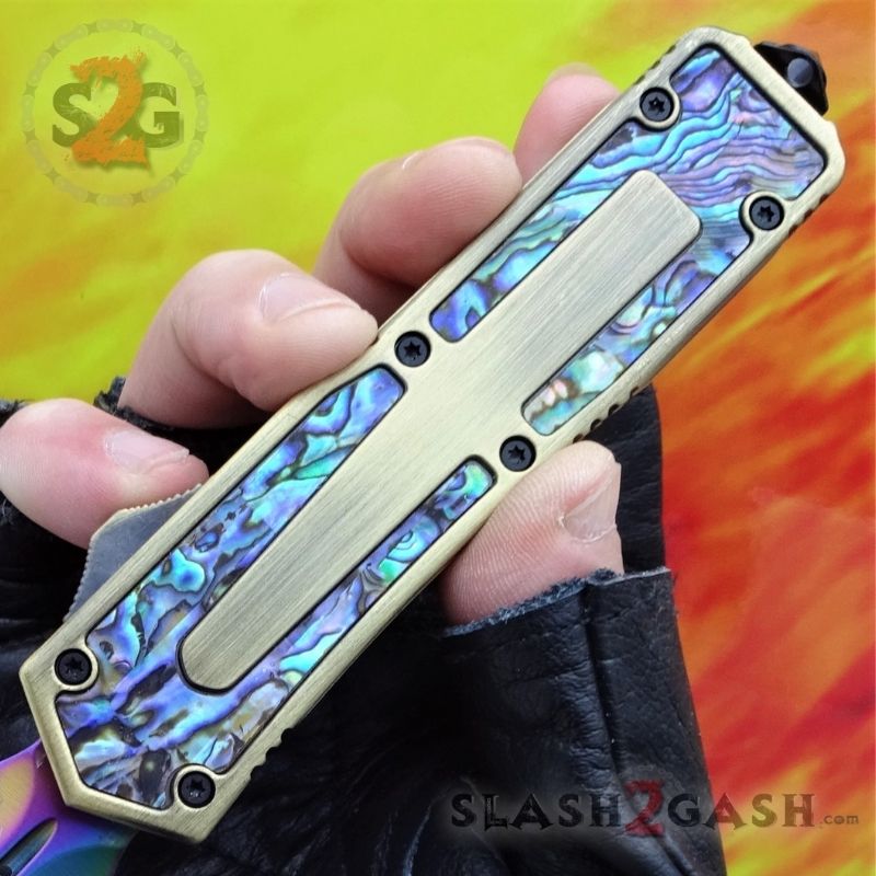 Blazoned Abalone DA-11② Black Scarab D/A OTF Knife Rainbow Damascus 440c w/ Abalone
