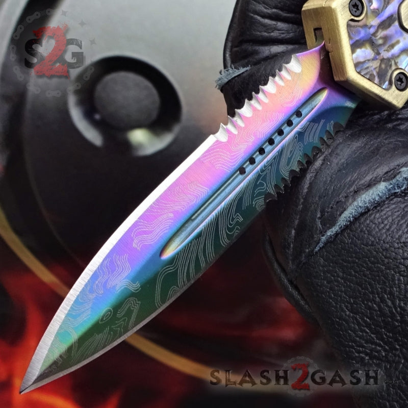 Golden Scarab D/A OTF Knife Rainbow Damascus 440c w/ Abalone