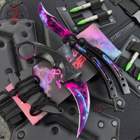 Black Galaxy 2pc Set CSGO Butterfly Knife + Elite Karambit CS:GO Counter Strike TRAINER