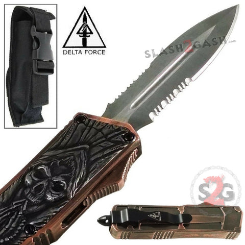 Delta Force Grey Skull OTF D/A Automatic Knife 440c Double Edge Serrated