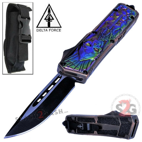 Delta Force Rainbow Skull OTF D/A Automatic Knife 440c Single Edge Plain
