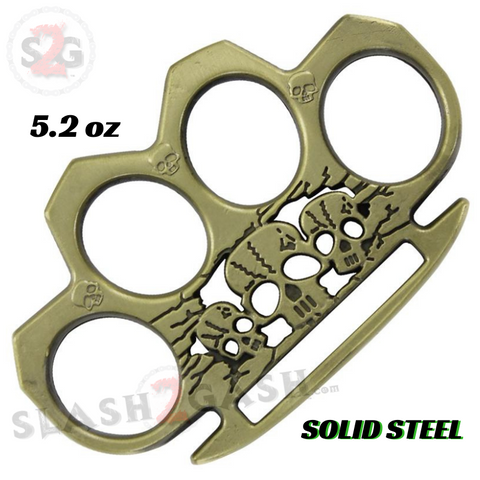 Antiqued Brass Knuckles Triple Skull Belt Buckle Life or Death Bronze Paperweight