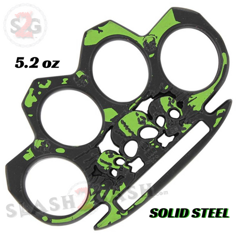 Black with Green Knuckles Triple Skull Belt Buckle Life or Death Radioactive Paperweight