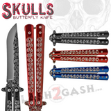 Skeleton Butterfly Knives Bones Drop Point Single Edge Plain Skulls Balisong Rivets - Black Blue Red