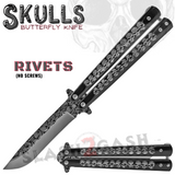 Skeleton Butterfly Knives Bones Drop Point Single Edge Plain Skulls Balisong Rivets - Black