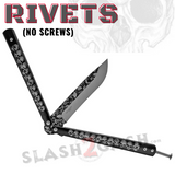 Skeleton Butterfly Knives Bones Drop Point Single Edge Plain Skulls Balisong Rivets - Black