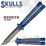 Skeleton Butterfly Knives Bones Drop Point Single Edge Plain Skulls Balisong Rivets - Blue